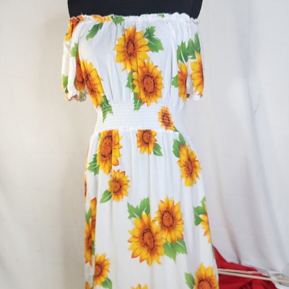 Ace White Yellow Orange Green Sunflowers Smocked Waist Drop Shoulder Maxi Sz 1X - Picture 9 of 16